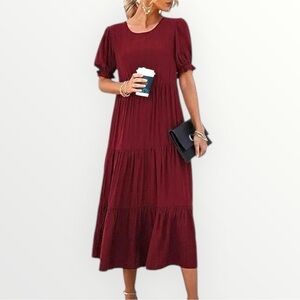 PRETTYGARDEN Women’s Puff Sleeve Wine Red Midi Boho Dress Size Large NWT